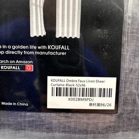 KOUFALL Faux Linen Sheer Curtains Black 52x96" Floor Length Rod Pocket New - Picture 3 of 5